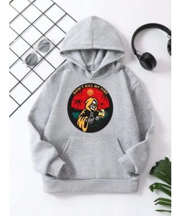 Çocuk Unisex Kapüşonlu Dont Kill My Vibe Baskılı Pamuklu Sweatshirt - Gri