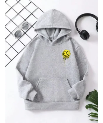 Çocuk Unisex Kapüşonlu Emoji Baskılı Sweatshirt - Gri
