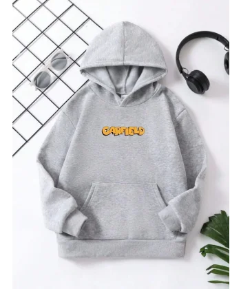 Çocuk Unisex Kapüşonlu Garfield Baskılı Sweatshirt - Gri