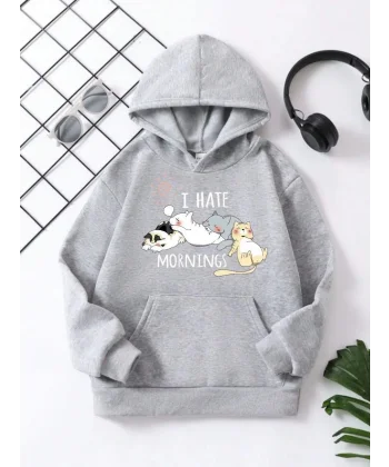 Çocuk Unisex Kapüşonlu Kedicik Baskılı Pamuklu Sweatshirt - Gri