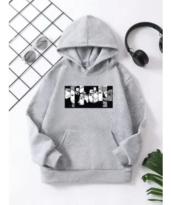 Çocuk Unisex Kapüşonlu Koyu Anime Baskılı Sweatshirt - Gri