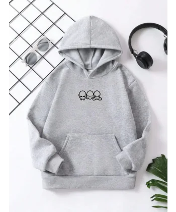 Çocuk Unisex Kapüşonlu Mini Kafa Baskılı Pamuklu Sweatshirt - Gri