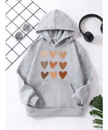 Çocuk Unisex Kapüşonlu Mini Kalpli Baskılı Sweatshirt - Gri