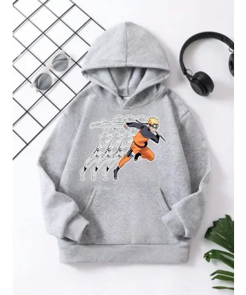 Çocuk Unisex Kapüşonlu Naruto Baskılı Pamuklu Sweatshirt - Gri