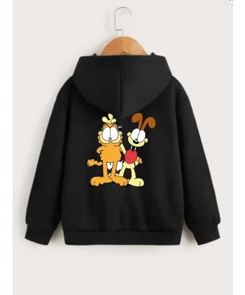 Çocuk Unisex Kapüşonlu Ön ve Arka Garfield Baskılı Sweatshirt - Siyah
