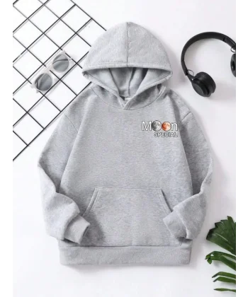 Çocuk Unisex Kapüşonlu Ön ve Arka Moon Special Baskılı Sweatshirt - Gri