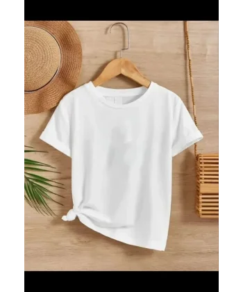 Çocuk Unisex Kapüşonlu Özel Tasarım Basic Tshirt - Beyaz