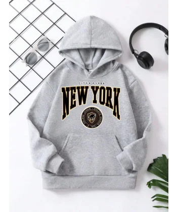 Çocuk Unisex Kapüşonlu Sarı New York Baskılı Pamuklu Sweatshirt - Gri