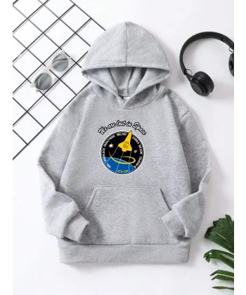 Çocuk Unisex Kapüşonlu Space Baskılı Pamuklu Sweatshirt - Gri
