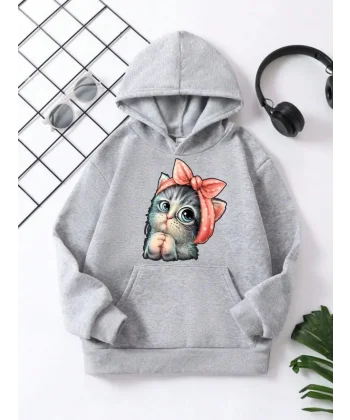 Çocuk Unisex Kapüşonlu Tatlı Kedi Baskılı Pamuklu Sweatshirt - Gri