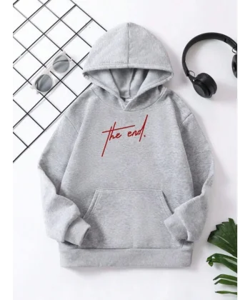 Çocuk Unisex Kapüşonlu The End Baskılı Pamuklu Sweatshirt - Gri