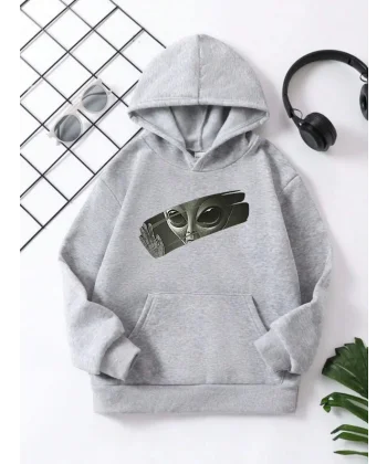 Çocuk Unisex Kapüşonlu Uzaylı Baskılı Pamuklu Sweatshirt - Gri