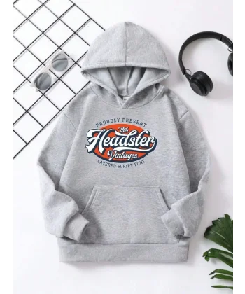 Çocuk Unisex Kapüşonlu Vintages Baskılı Pamuklu Sweatshirt - Gri