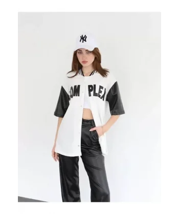 Complex Kolları Deri Kolej Oversize Tshirt  Beyaz