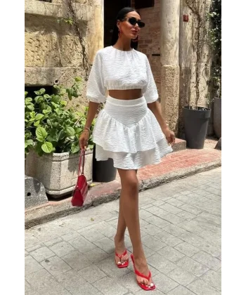 Crop Bluz Ve Kat Kat Etekli Takım 10207