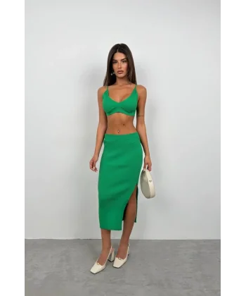 Crop Büstiyer Yırtmaçlı Etek Takım