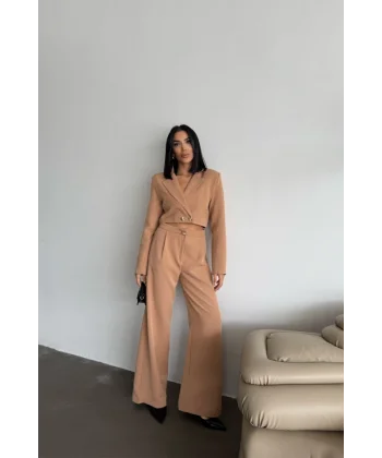 CROP CEKET - PANTOLON TAKIM GOLD DÜĞME DETAYLI - Kahverengi