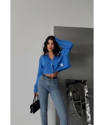 CROP GÖMLEK BEYAZ YAKA VE ETİKET DETAYLI - Mavi