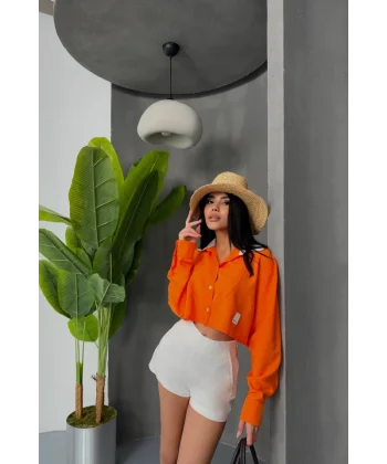 CROP GÖMLEK BEYAZ YAKA VE ETİKET DETAYLI - Orange