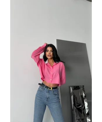 CROP GÖMLEK BEYAZ YAKA VE ETİKET DETAYLI - Pembe
