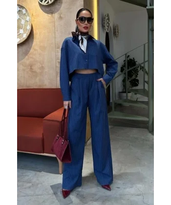 Crop Gömlekli Çizgili Takım 10080