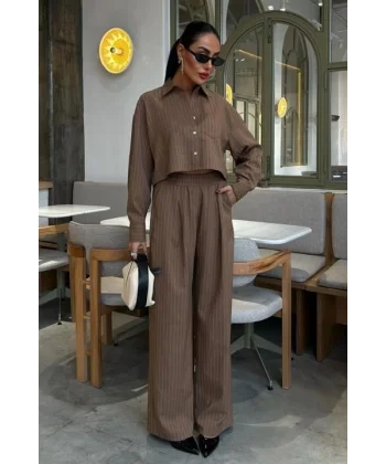 Crop Gömlekli Çizgili Takım 10080