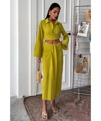 Crop Gömlekli Ve Eteği Büzgülü Tasarım Takım 10195