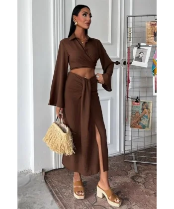 Crop Gömlekli Ve Eteği Büzgülü Tasarım Takım 10195