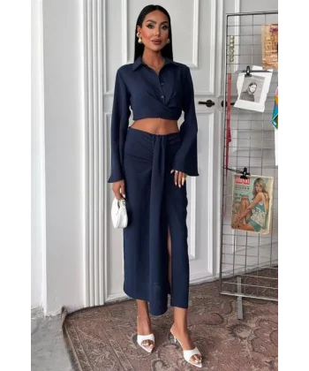 Crop Gömlekli Ve Eteği Büzgülü Tasarım Takım 10195