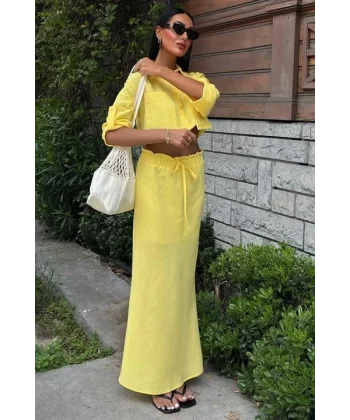 Crop Gömlekli Ve Eteği Büzgülü Tasarım Takım 10201