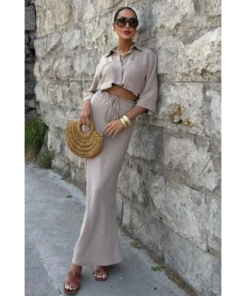 Crop Gömlekli Ve Eteği Büzgülü Tasarım Takım 10201