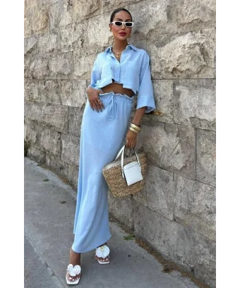 Crop Gömlekli Ve Eteği Büzgülü Tasarım Takım 10201