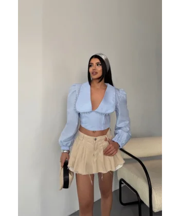 CROP POPLİN GÖMLEK YAKA KENAR DANTEL DETAYLI - Bebe Mavi