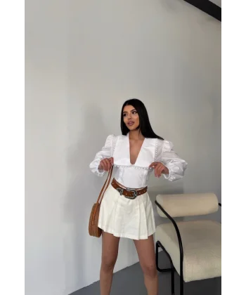 CROP POPLİN GÖMLEK YAKA KENAR DANTEL DETAYLI - Beyaz