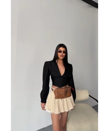 CROP POPLİN GÖMLEK YAKA KENAR DANTEL DETAYLI - Siyah