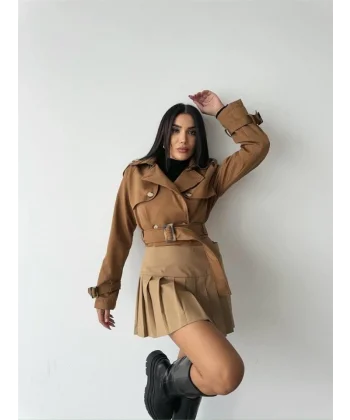 CROP TRENCH KEMER DETAYLI - Kahverengi