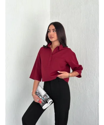 Crop Yakalı Gömlek Üç Çeyrek Sleeve Kol - Bordo