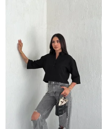Crop Yakalı Gömlek Üç Çeyrek Sleeve Kol - Siyah