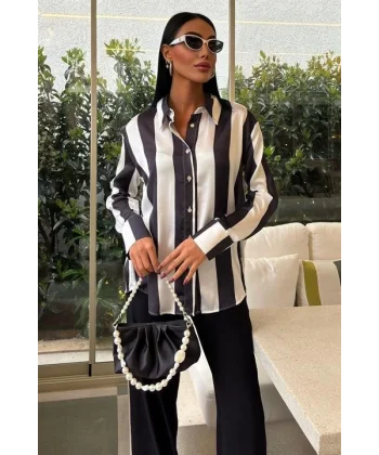 Çubuk Çizgili Şifon Saten Gömlek 3428