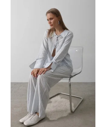 Çzgili Bağlamalı Pantolon Takım - Mavi