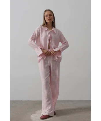 Çzgili Bağlamalı Pantolon Takım - Pembe