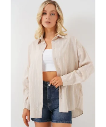 Çzigili Oversize Gömlek 20293 - Krem