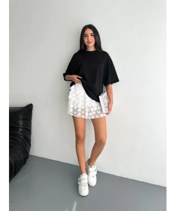 Dantel Beli Lastikli Şortlu Mini Etek - Beyaz