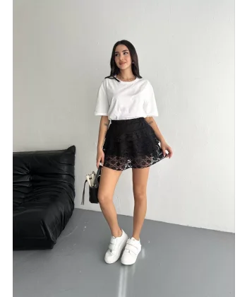 Dantel Beli Lastikli Şortlu Mini Etek - Siyah