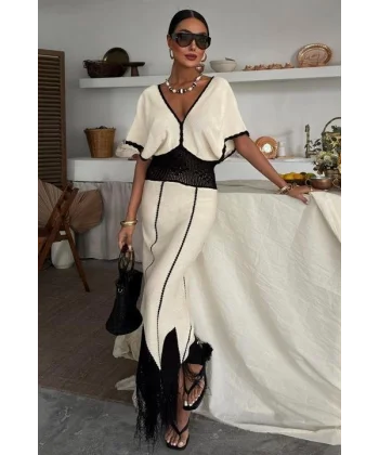 Dantel Desenli V Yaka Triko Elbise 2844