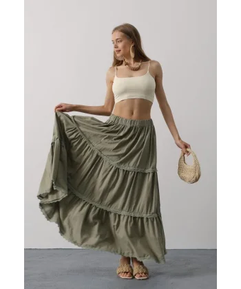 Dantel Detaylı Etek - Haki