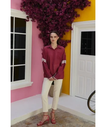 Dantel Detaylı Gömlek  Vişne