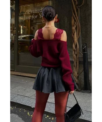 Dantel Detaylı Kruvaze Triko Kazak 1360