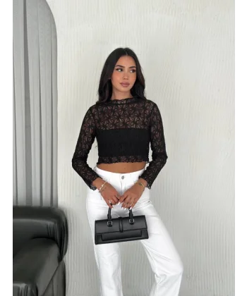 Dantel Uzun Kol Bluz- Siyah