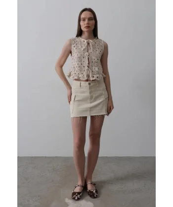 Dantelli Önü Bağlamalı Yelek - Natür